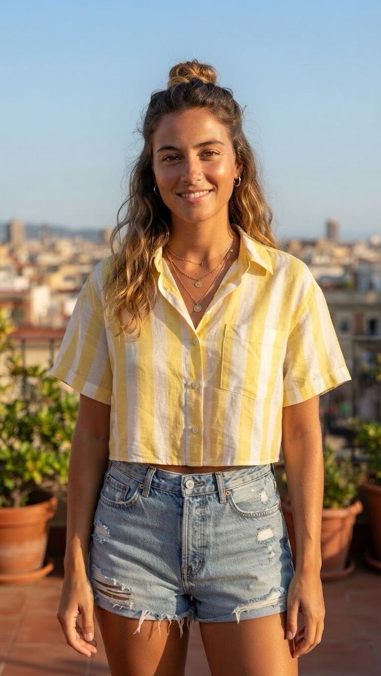 NWT H&M Yellow White Striped Linen Blend Short Sleeve Crop Button Down Shirt S